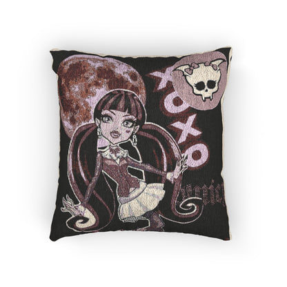 Gothic Kawaii Woven Pillow — Cute Vampire Girl Skull XO Decorative Throw Pillow