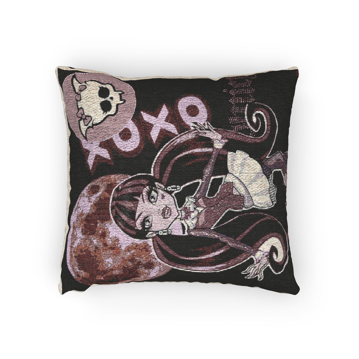 Gothic Kawaii Woven Pillow — Cute Vampire Girl Skull XO Decorative Throw Pillow